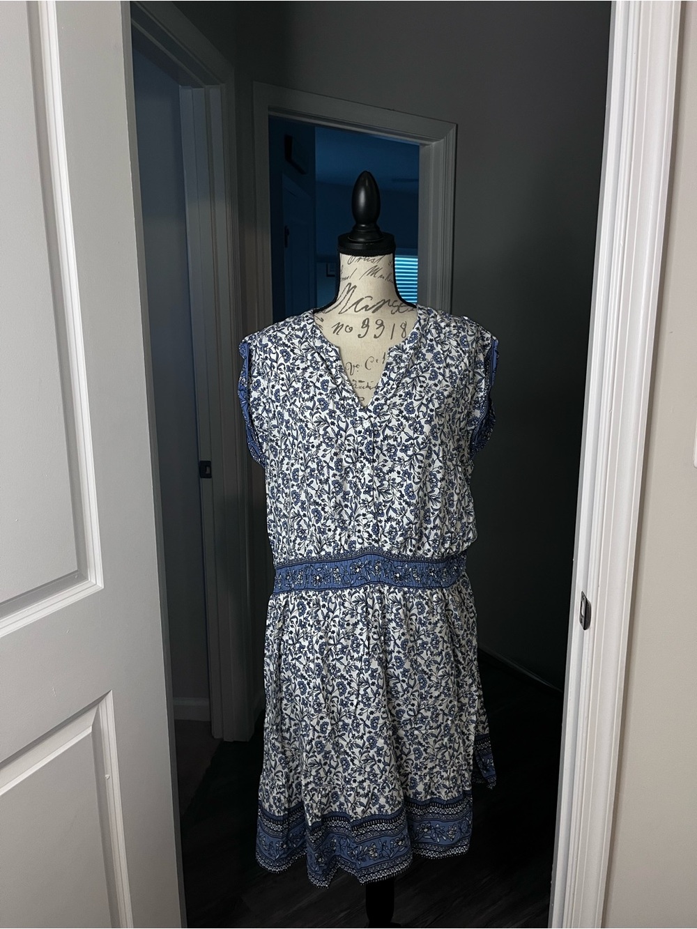 Blue and White Floral V-Neck Mini Dress with Embroidered Waistband